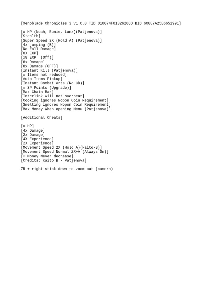 Xenoblade Chronicles 3 Cheat Codes | PDF