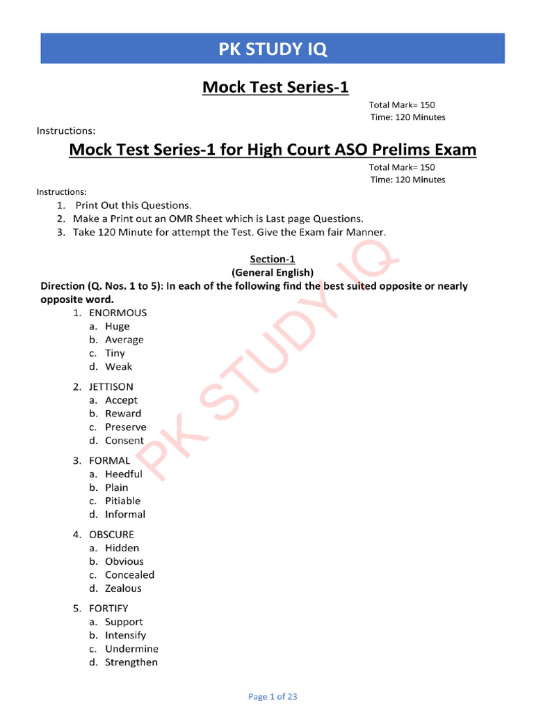 Mock Test 1 Aso Prelims Exam 1 1 | PDF