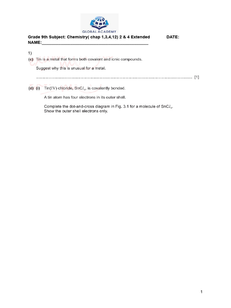 Grade 9th Subject - Chemistry (Chap 1,3,4,12) 2 & 4 Extended | PDF