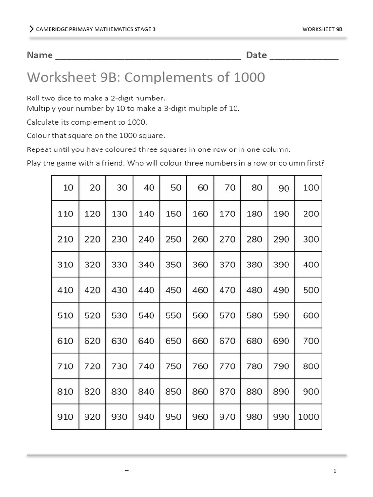 Stage 3 Math Worksheet: Complements of 1000 | PDF
