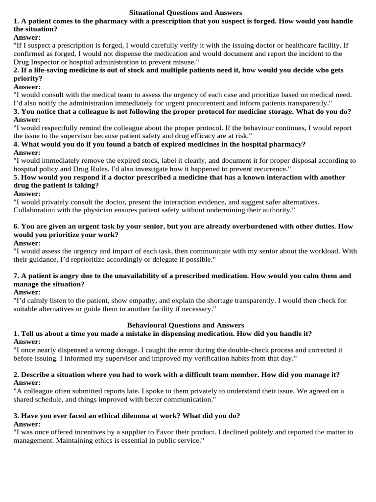 Pharmacy Situational & Behavioral Q&A Guide | PDF | Pharmacy | Medical ...