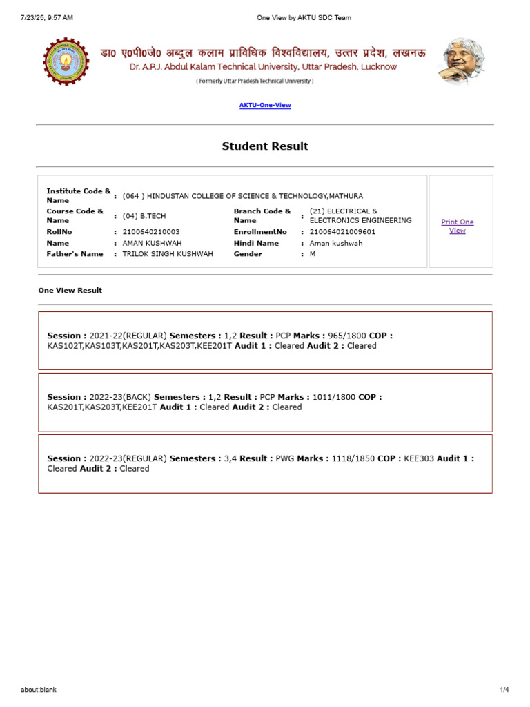 AKTU Student Result Summary 2021-2025 | PDF | Engineering | Electronics