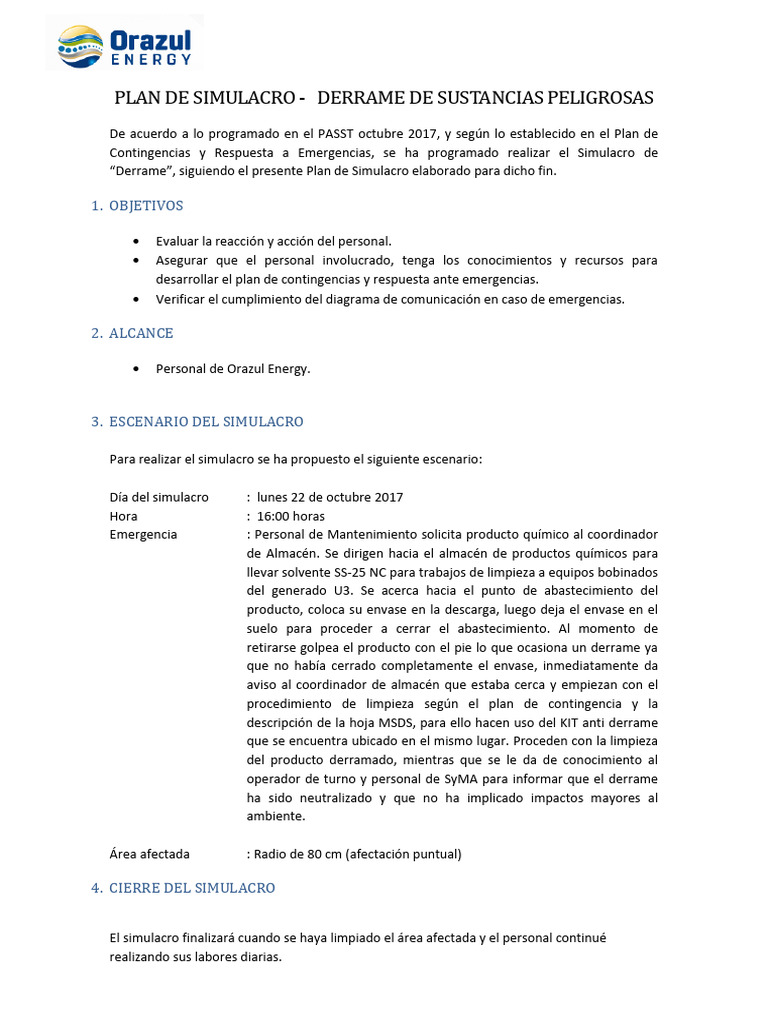 Simulacro de Derrame de Sustancias Peligrosas | PDF