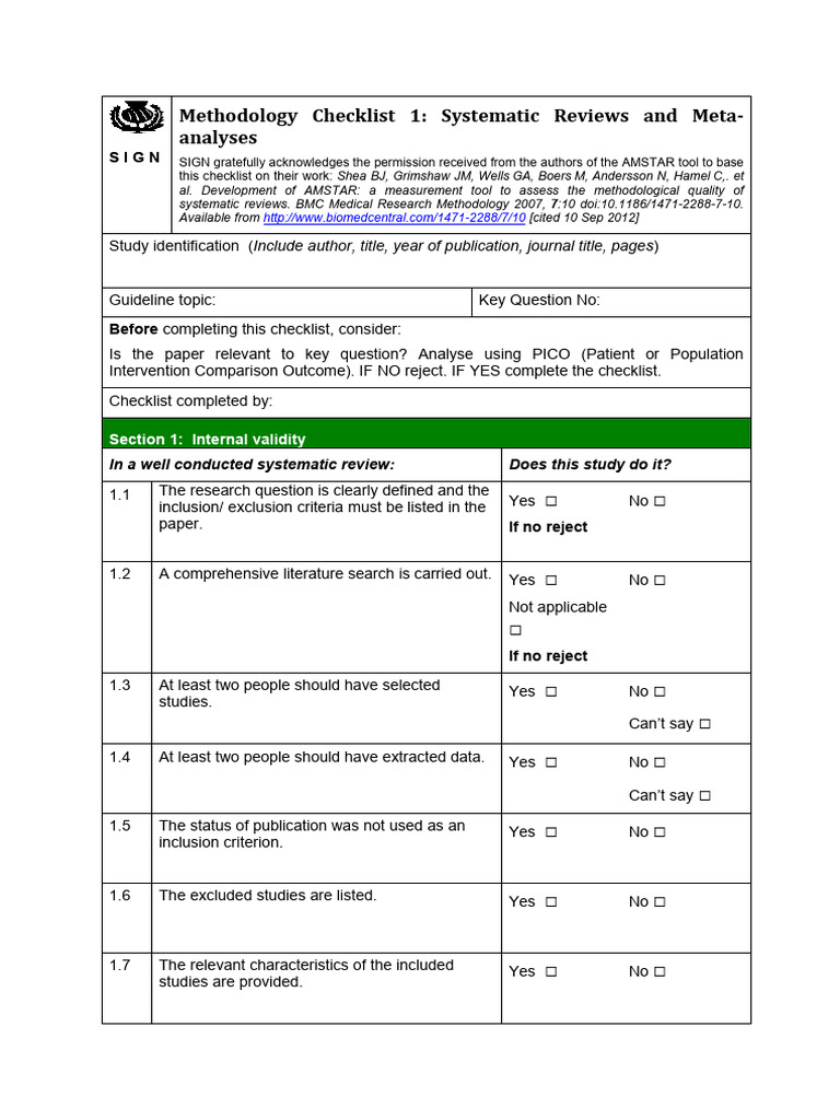 SIGN Checklist for Systematic Reviews | PDF | Systematic Review ...