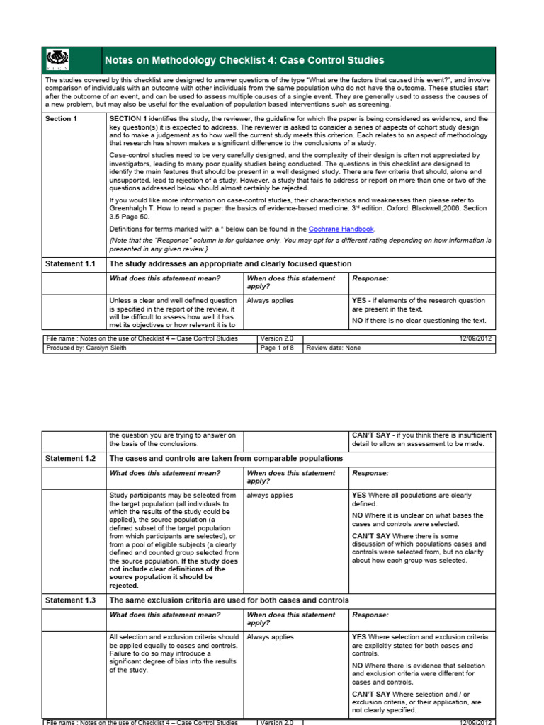 Case Control Study Methodology Checklist | PDF | Confounding | Risk
