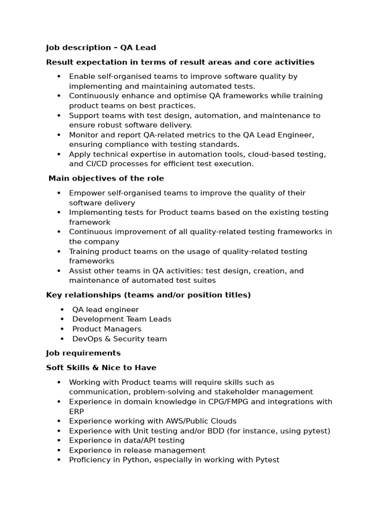 QA Lead Job Description and Responsibilities | PDF | Quality Assurance ...