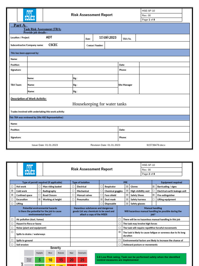 Risk Ass. For Water Tank Cleaning | PDF | Personal Protective Equipment ...