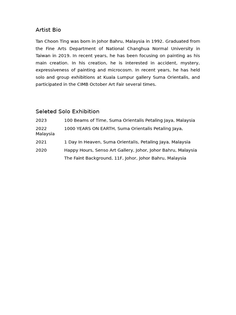 Tan Choon Ting: Malaysian Artist Bio | PDF