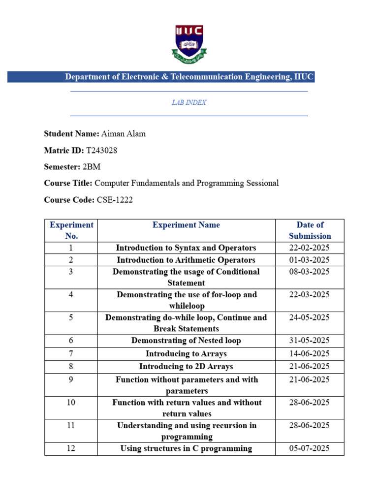 Lab Index for C Programming Course | PDF