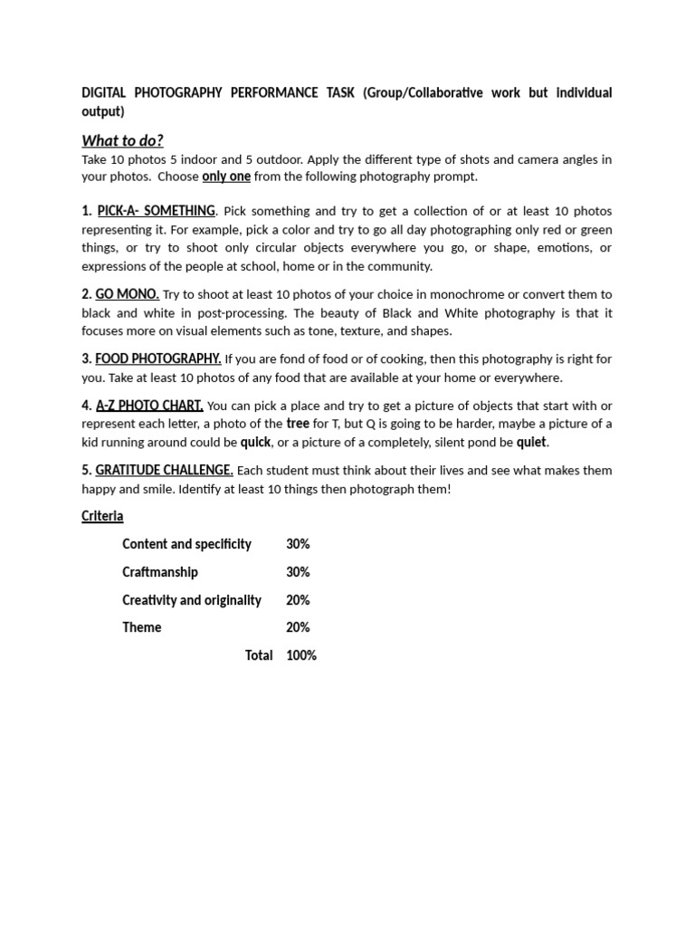 Digital Photography Performance Task Guide | PDF