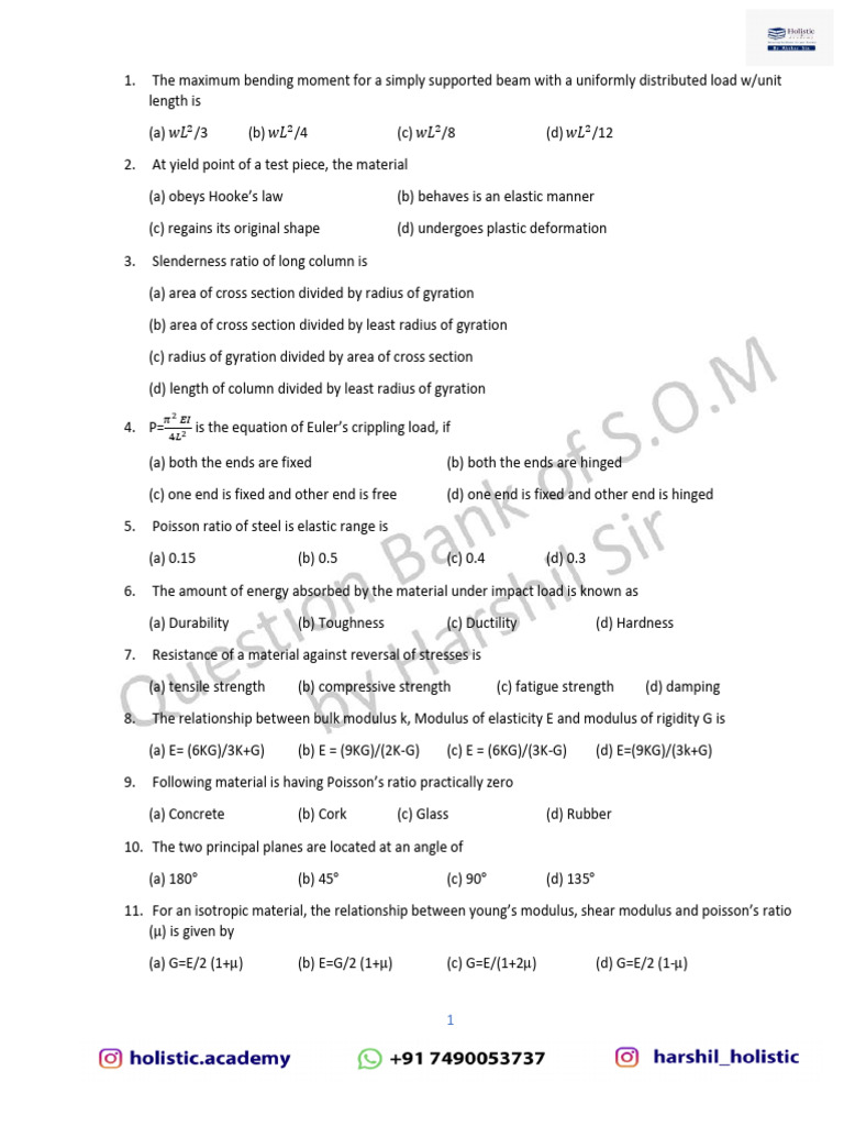Structural Engineering Concepts Quiz | PDF | Bending | Young's Modulus