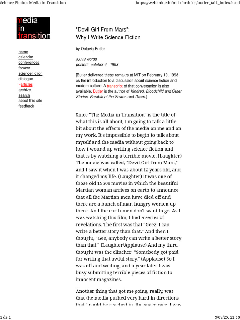 Octavia Butler on Writing Sci-Fi | PDF