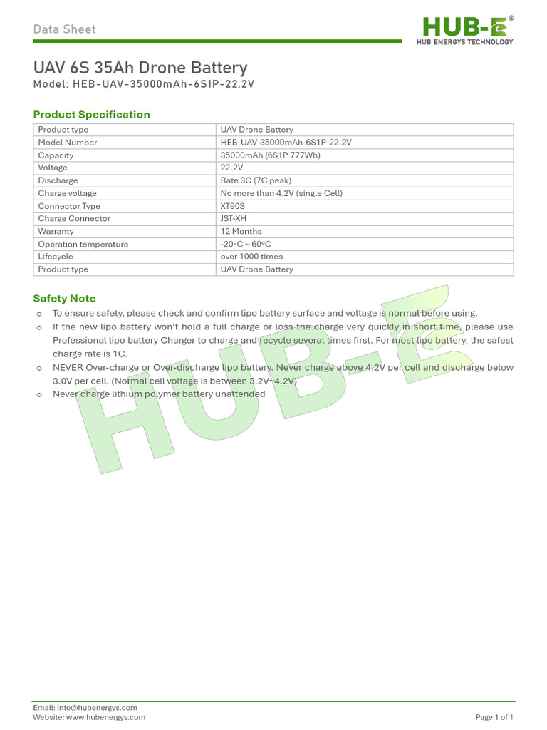 UAV 6S 35ah Drone Battery - Datasheet | PDF - High Energy Density Drone Battery Data Sheet