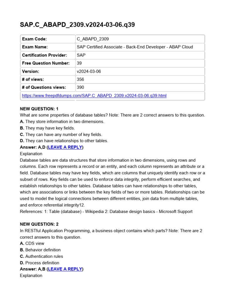 Properties of Database Tables in ABAP | PDF | Inheritance (Object ...