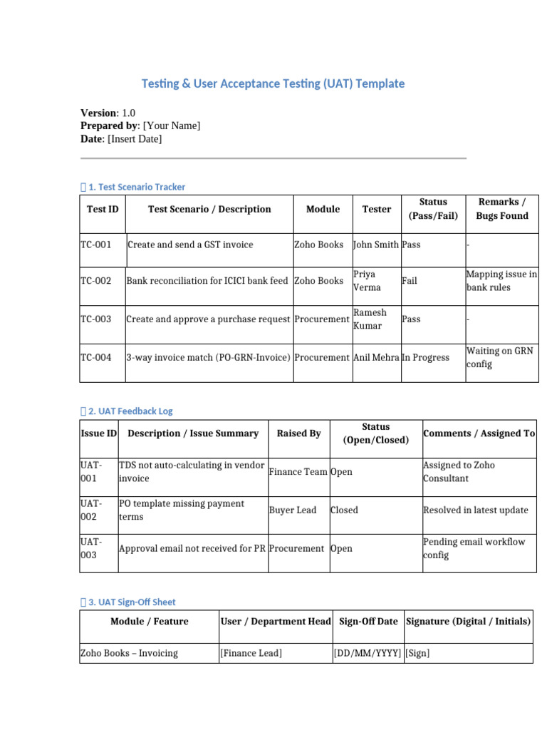 UAT Testing & Feedback Template | PDF