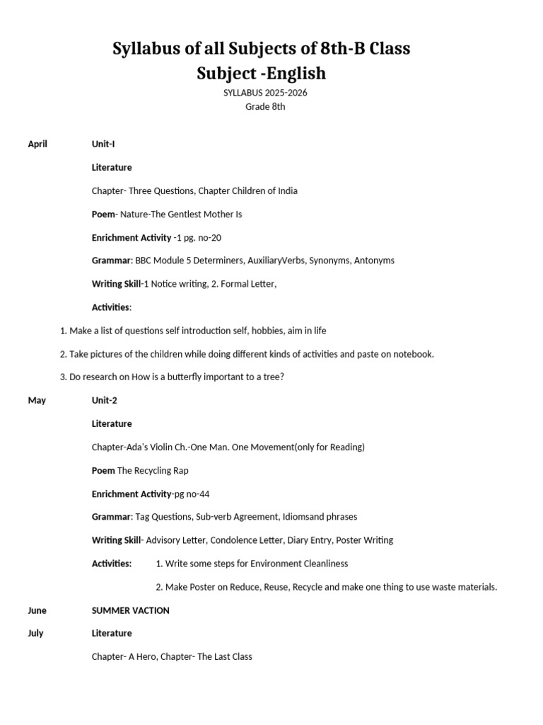 Syllabus of 8th B Class (All Subject) | PDF