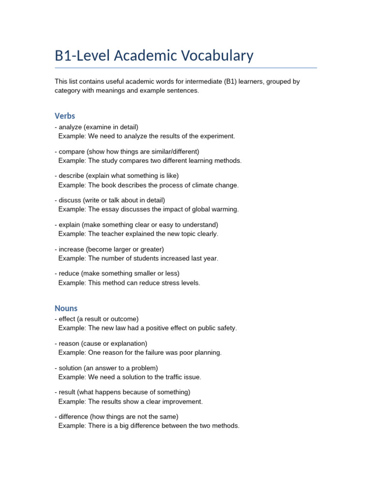 B1-Level Academic Vocabulary List | PDF