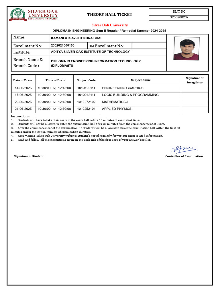 Silver Oak University Exam Hall Ticket | PDF