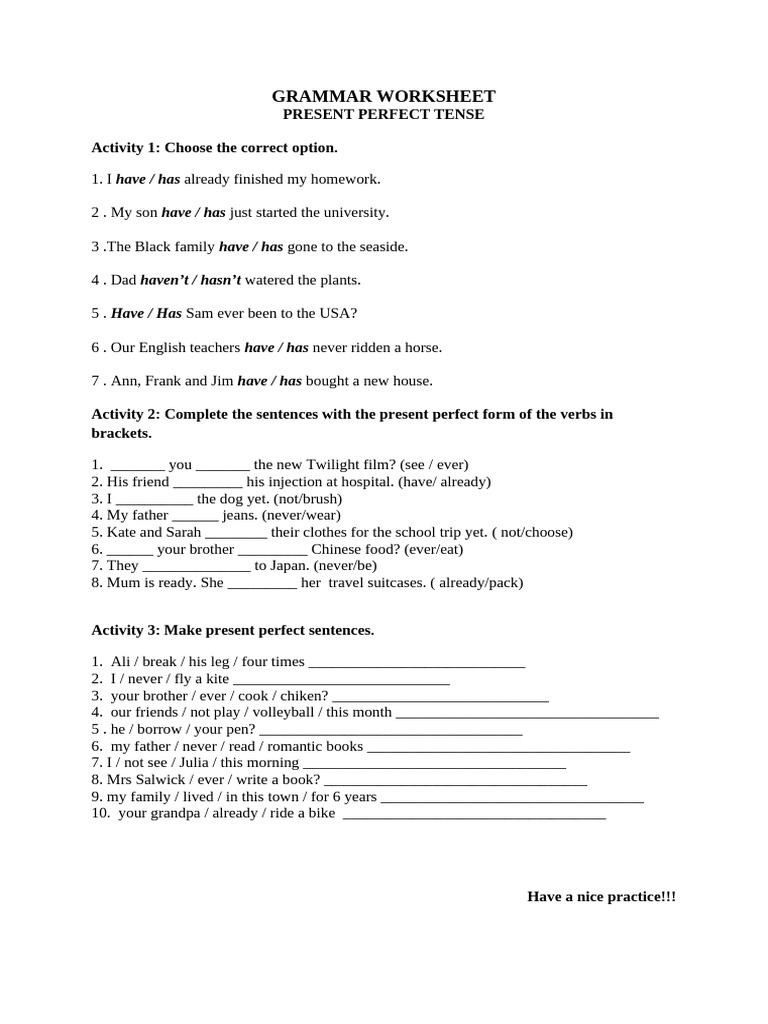 Present Perfect Tense Worksheet | PDF