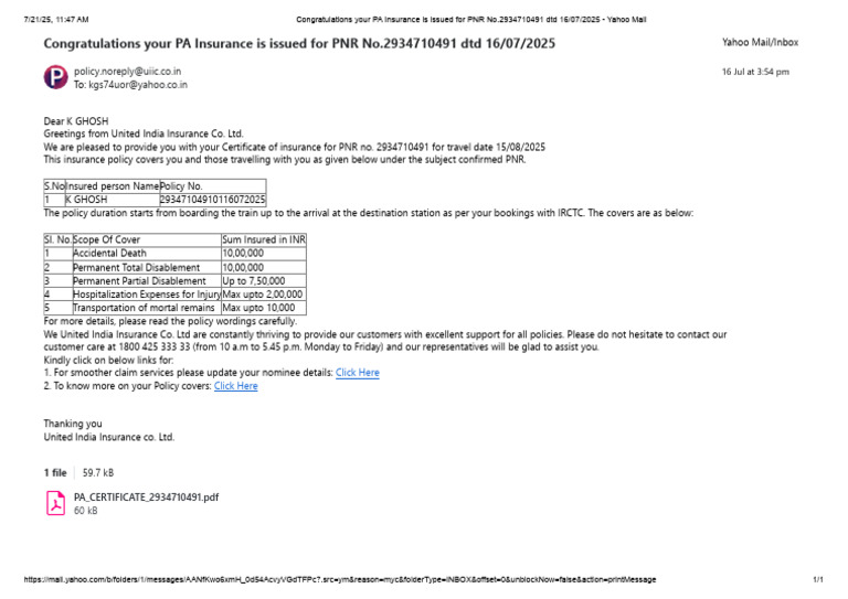 PA Insurance Certificate for Travel PNR 2934710491 | PDF