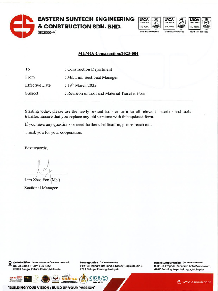 Construction Memo 2025-004 - Revision of Transfer Material Form | PDF
