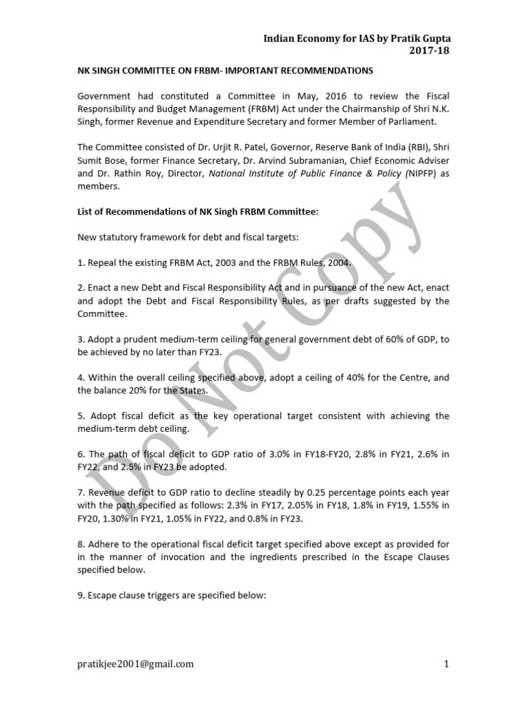 NK Singh Committee's FRBM Recommendations | PDF | Money | Government