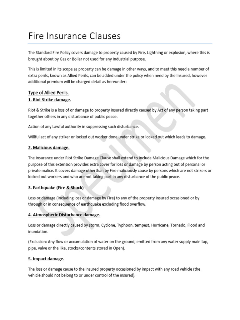 Fire Insurance Policy Clauses Explained | PDF | Insurance | Property ...