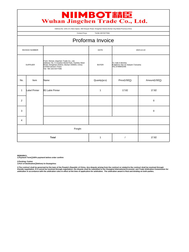 Proforma Invoice: No. Item Name Quanity (PCS) Price (USD) Amount (USD ...