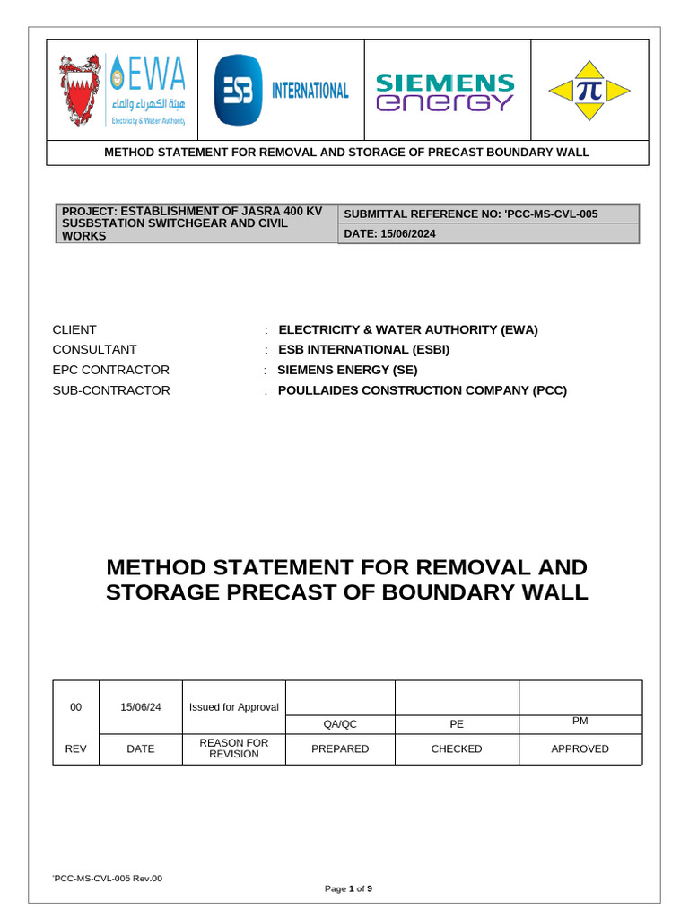 Precast Boundary Wall Removal Method Statement | PDF | Crane (Machine ...