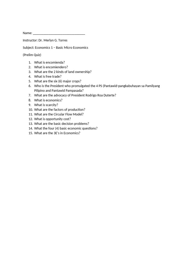 Prelim Quiz Econ. 1 Basic Micro Economics | PDF