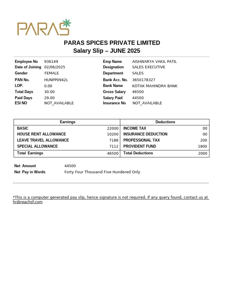 Paras Spices Salary Slip - June 2025 | PDF