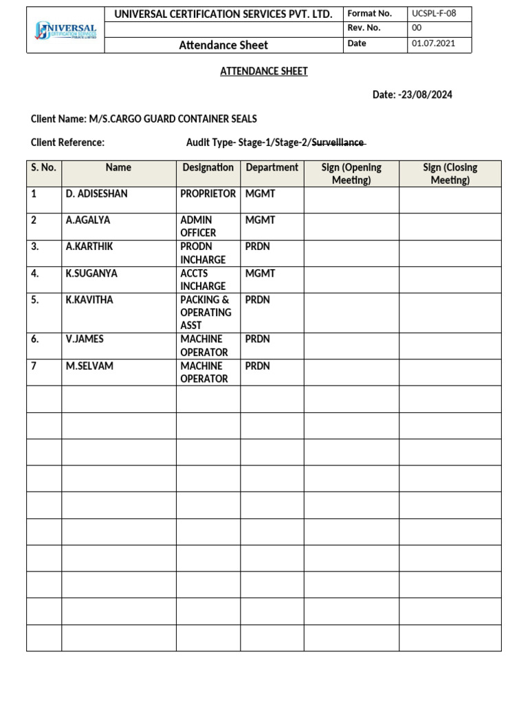 Attendance Sheet for Cargo Guard Audit | PDF
