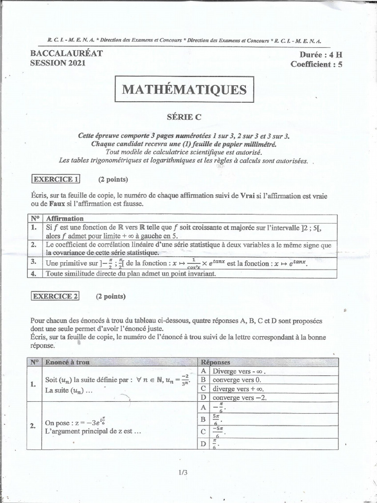 Maths Bac C 2021 RCI | PDF