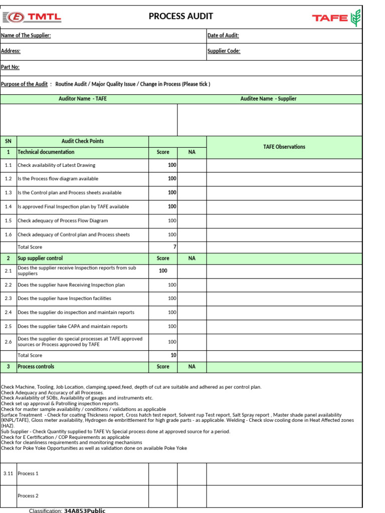 Supplier Process Audit Checklist | PDF | Audit