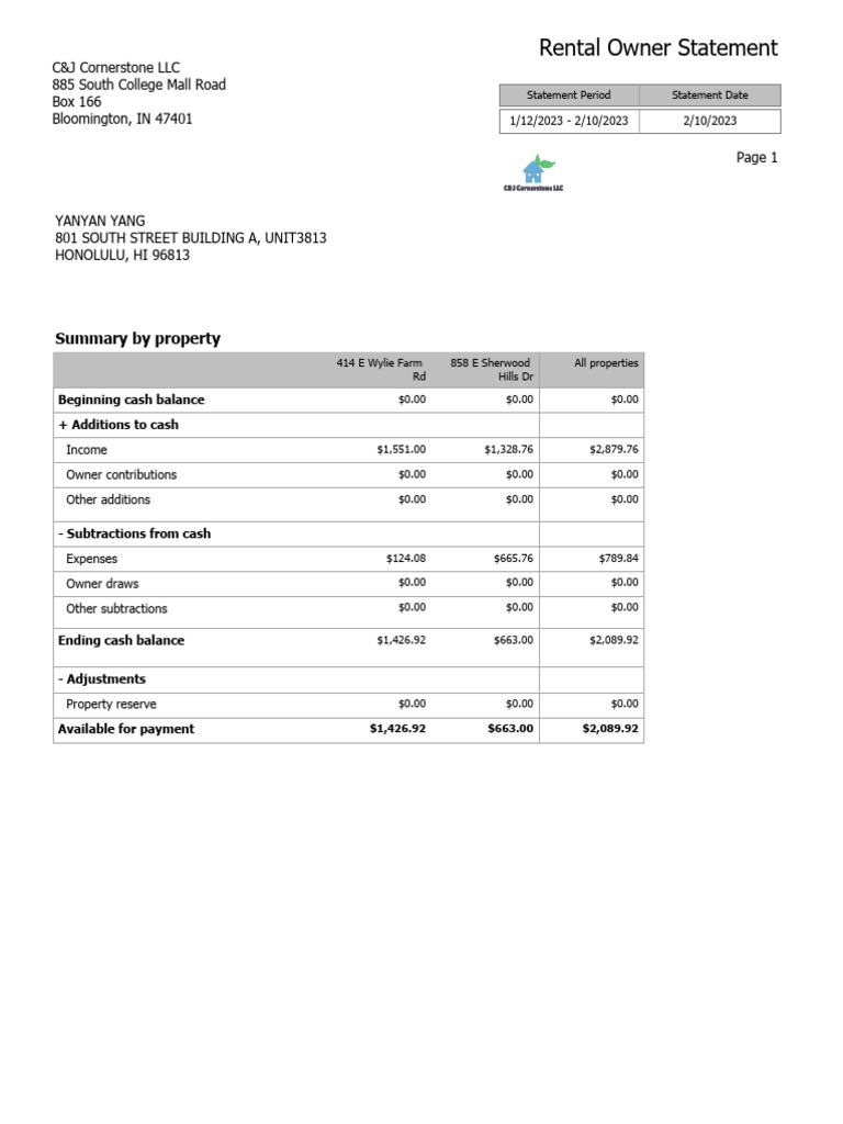 Rental Owner Statement | PDF | Renting | Service Industries