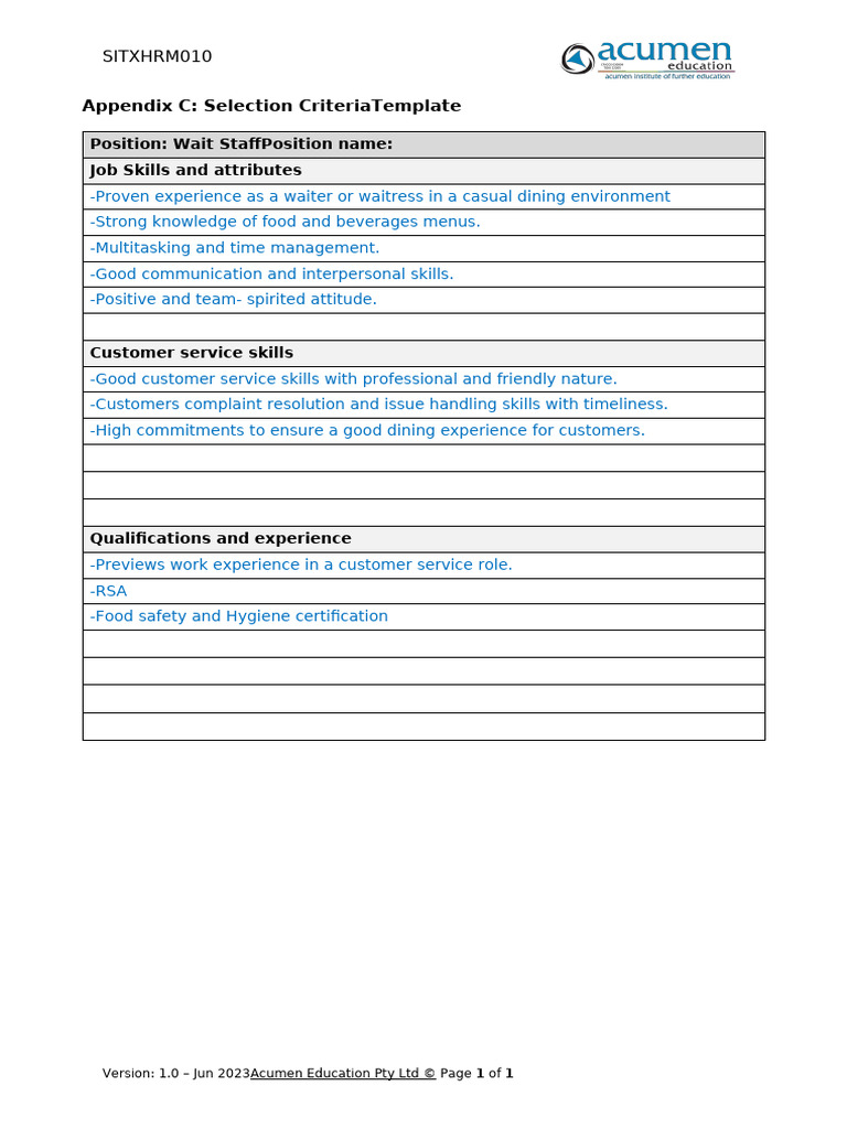 Assessment 2, Part B, Task 1 Appendix C Wait Staff | PDF