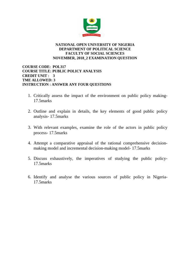 POL317 Public Policy Analysis Exam Questions | PDF