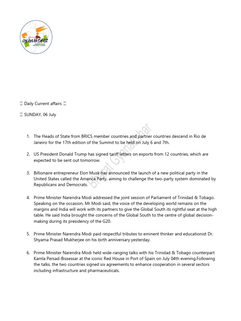 Daily Current Affairs 06.07.2025 | PDF