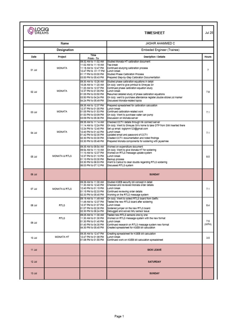 Monata & RTLS Project Timesheet | PDF | Computer Engineering | Computing
