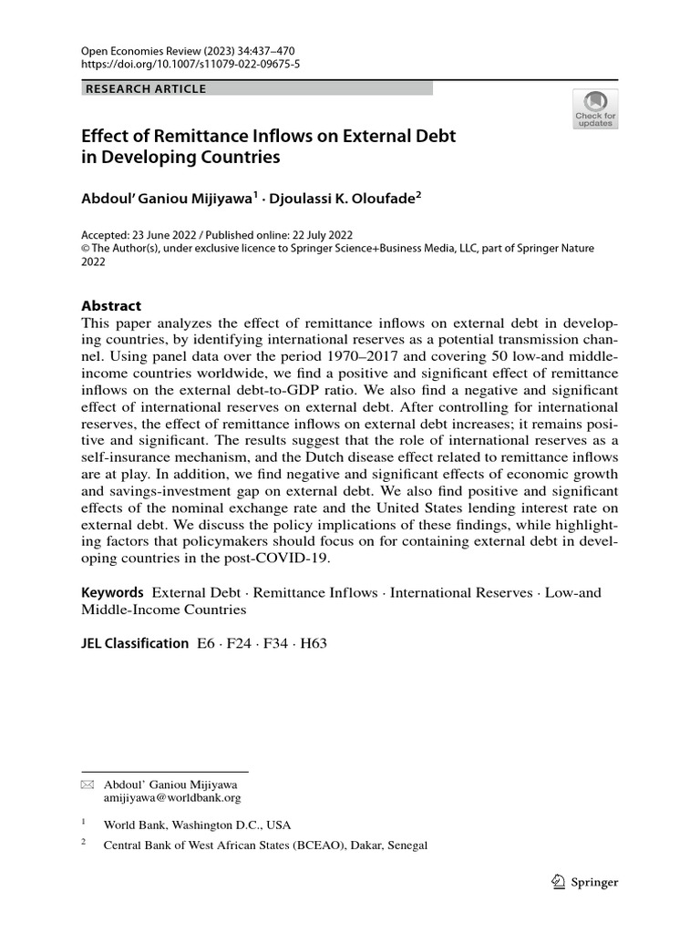 Effect of Remittance Inflows On External Debt in Developing Countries ...