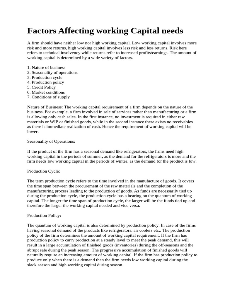Factors Influencing Working Capital Needs | PDF | Demand | Capital ...