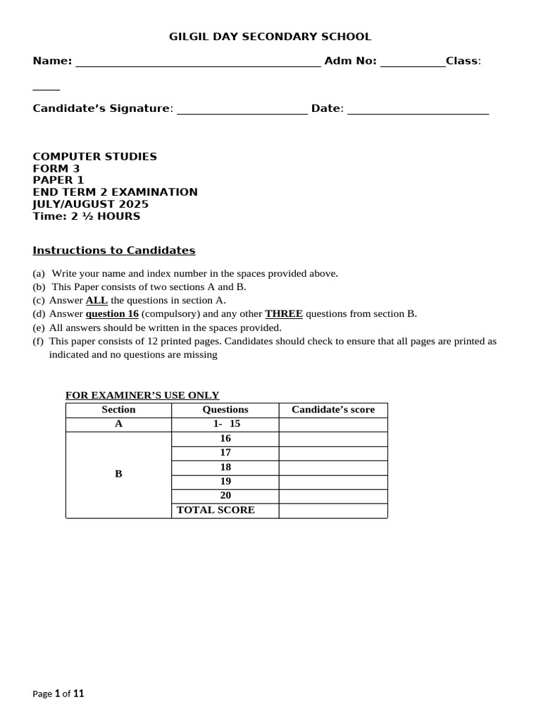 Form 3 Computer Studies Exam Paper | PDF | Computing | Computer Science