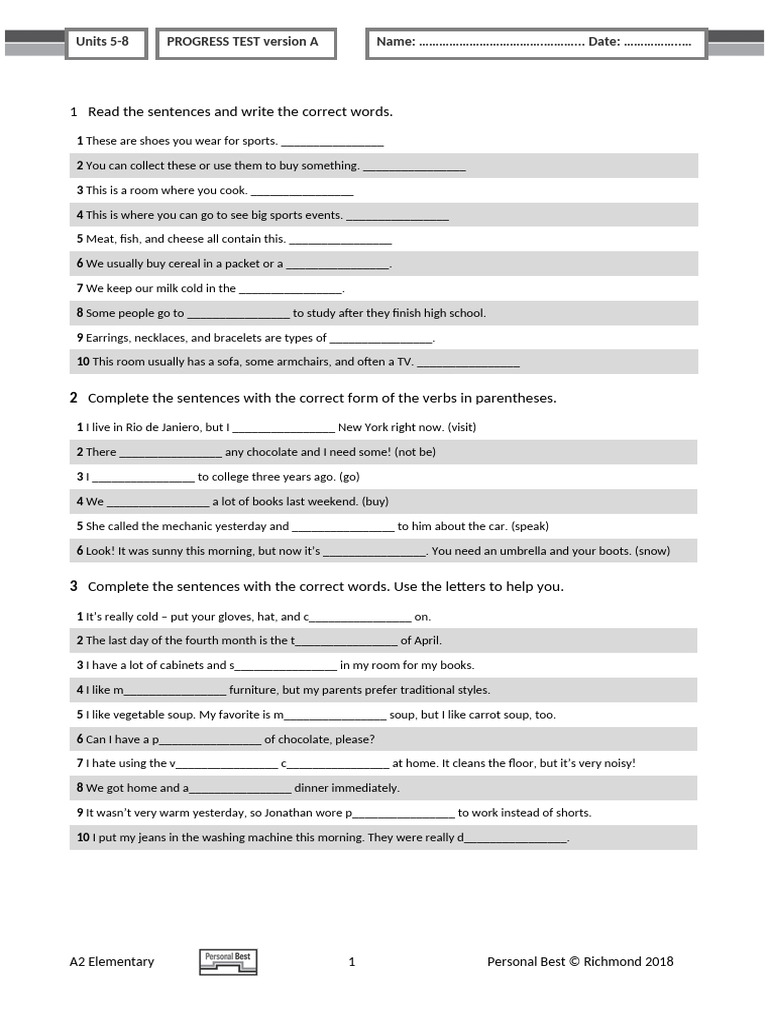 A2 Progress Test Units 5-8 | PDF | Foods