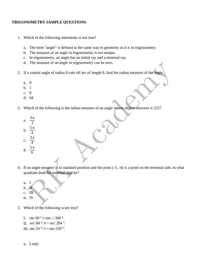 Trigonometry Sample Questions | PDF | Angle | Trigonometry