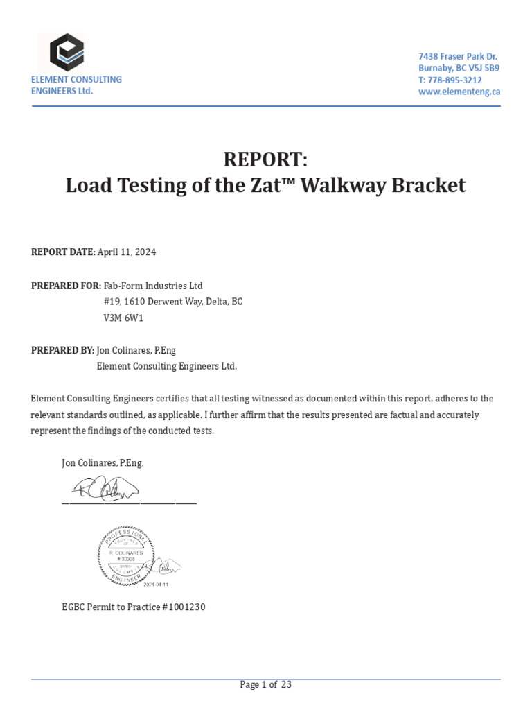 Zat Bracket Load Tests Final Report Sealed 4-11-24 | PDF | Scaffolding ...