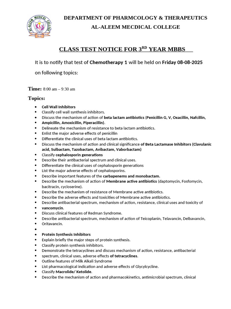 3rd Year MBBS Chemotherapy Test Notice | PDF | Penicillin | Antibiotics