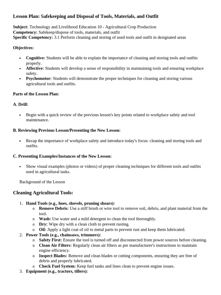 Tool and Outfit Cleaning Lesson Plan | PDF | Clothing