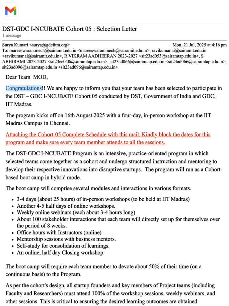 DST-GDC I-NCUBATE Cohort 05 Selection | PDF
