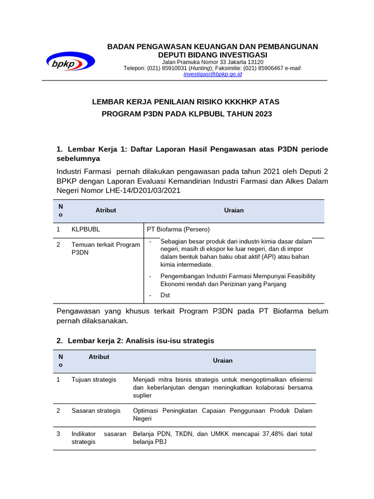 Contoh Lembar Kerja Penilaian Risiko RRN P3DN | PDF