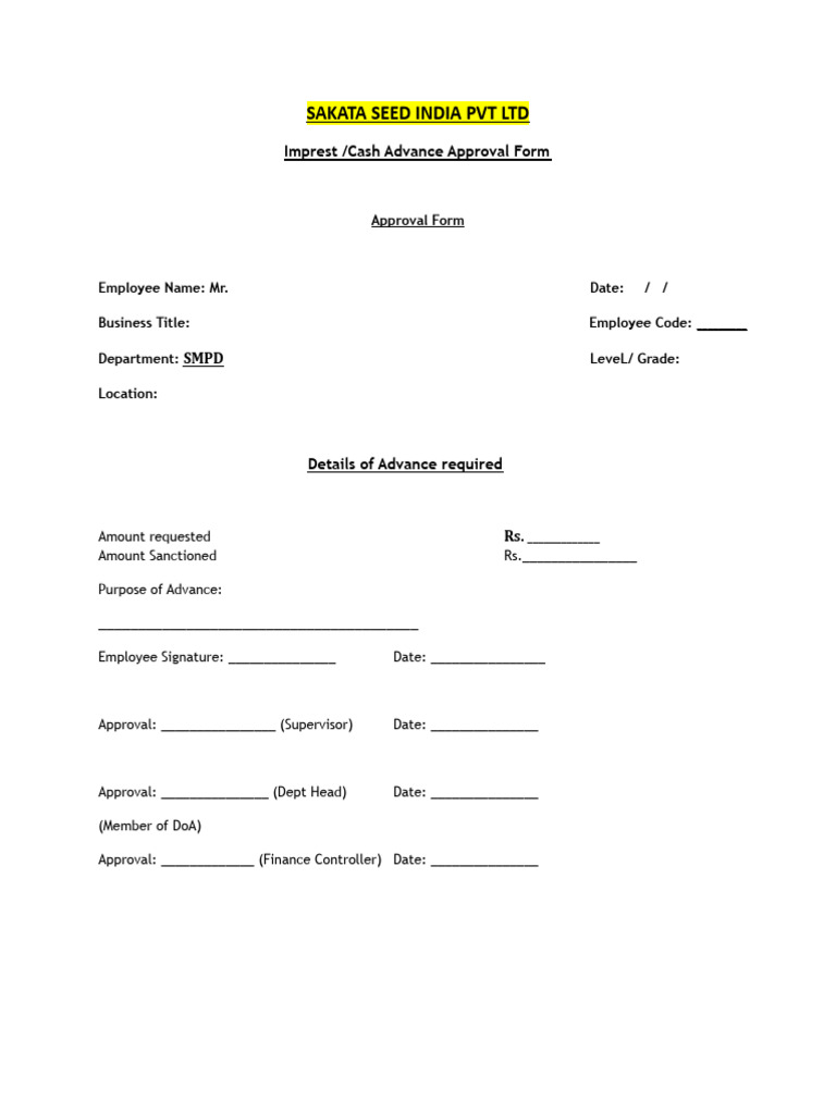Sakata Seed Cash Advance Approval Form | PDF